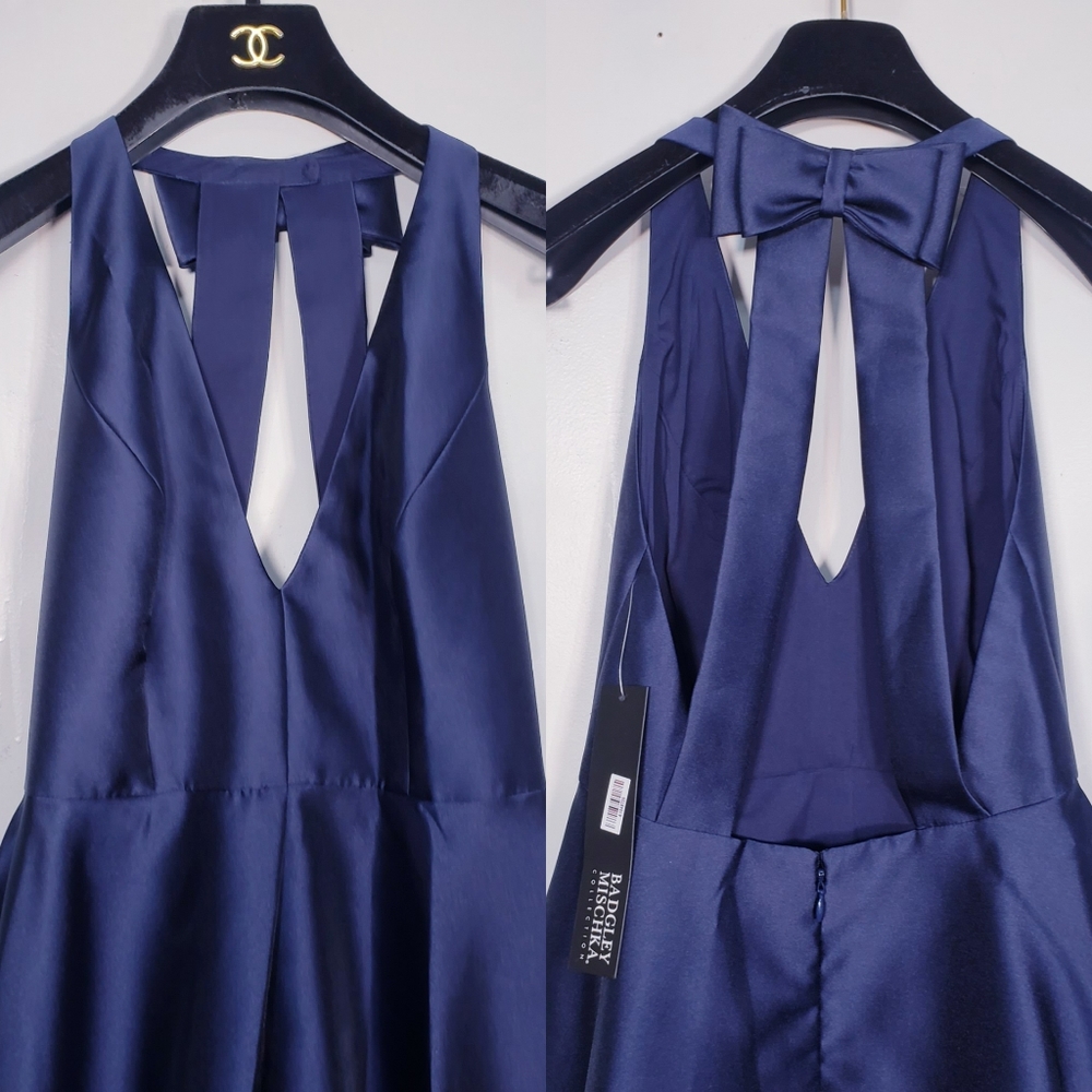$795 NWT BADGLEY MISCHKA Womens Navy Blue Maxi Long Gown 2 XS Bow Wedding A-line - Picture 6 of 11